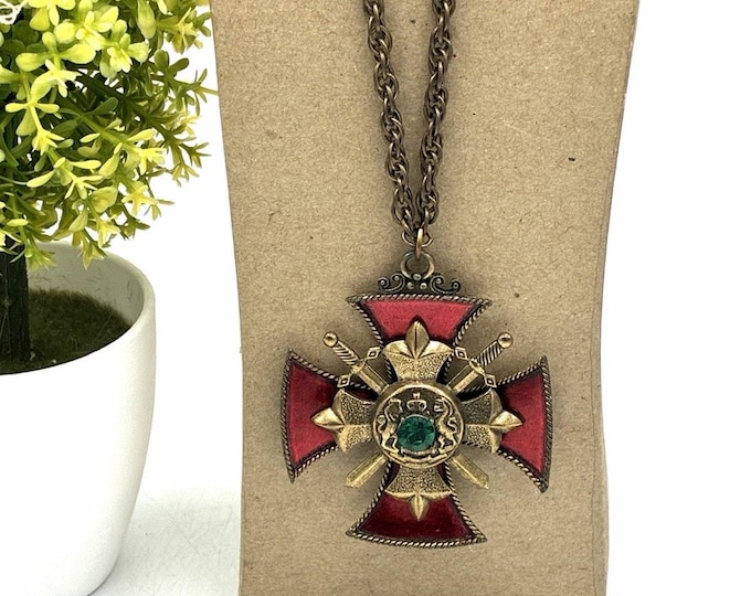 Vintage Weiss Maltese Cross Pendant Necklace Red Enamel Green Rhinestone Sword
