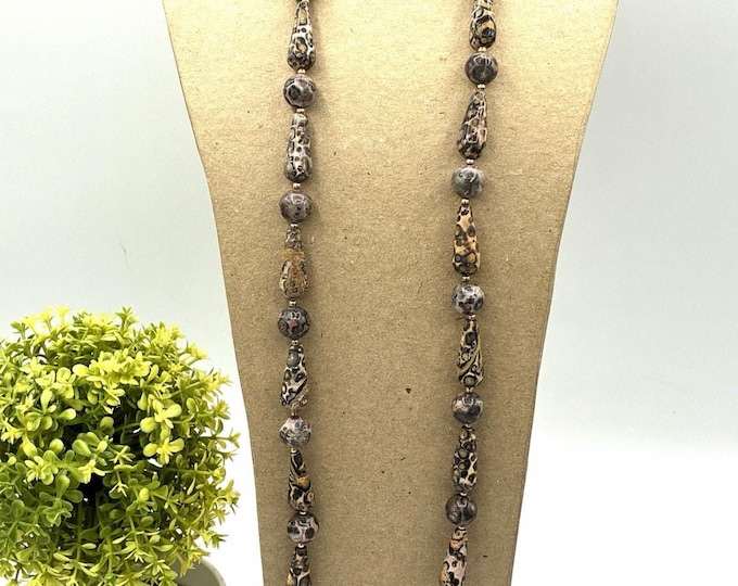 Vintage Leopard Skin Jasper Beaded Necklace, Graduated Round & Teardrop Stones