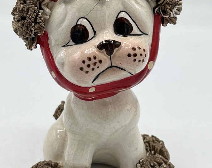 Vtg Lefton Spaghetti Dog/ Puppy Porcelain Bandage Hurt Jaw 5” Bee On Head FLAW