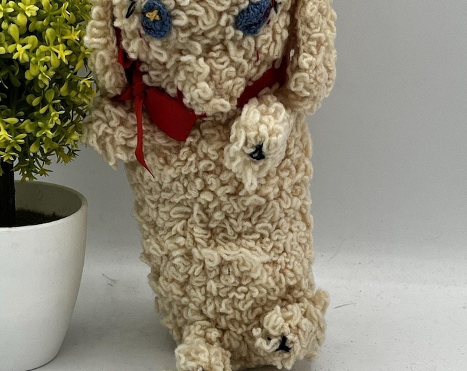 Vintage 1950s Loopy Yarn Poodle Toy Cream Embroidered Eyes Red Ribbon Bow 9"