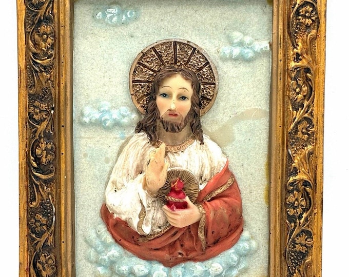 Sacred Heart Jesus 3D Religious Wall Plaque, Ornate Gold Frame Devotional Art