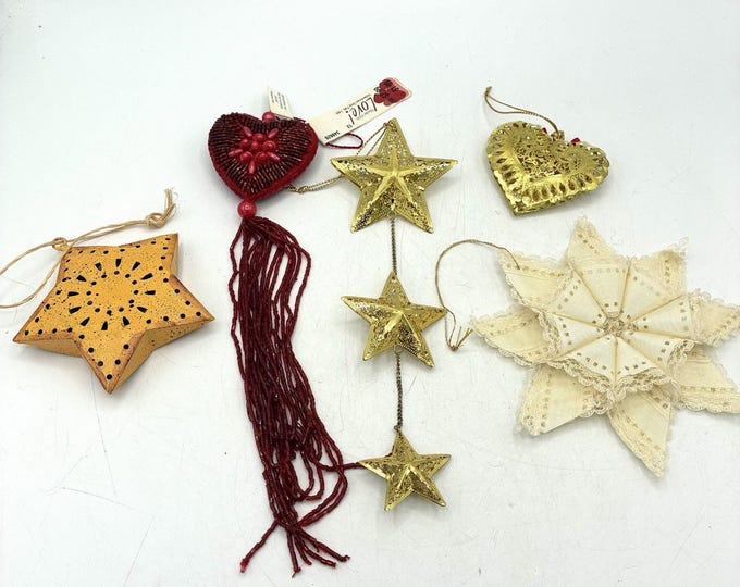Vintage Christmas Ornaments Lot Hearts Stars Beaded Metal Lace Mixed Materials