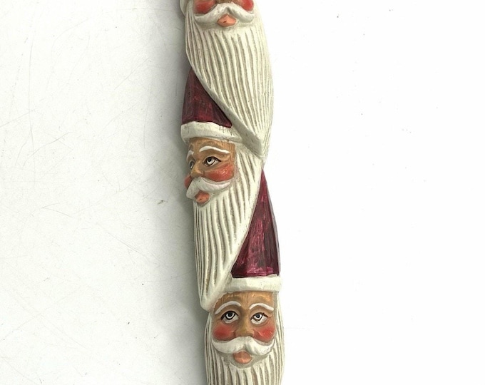 Vintage Style Stacked Santa Faces Christmas Ornament Rustic Folk Art 10.5”