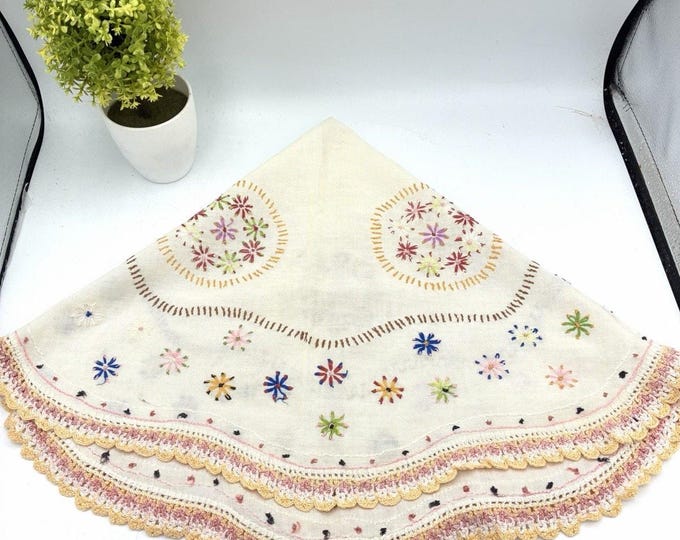 Vintage 27” Embroidered Table Topper Crochet Edge Colorful Floral Handwork