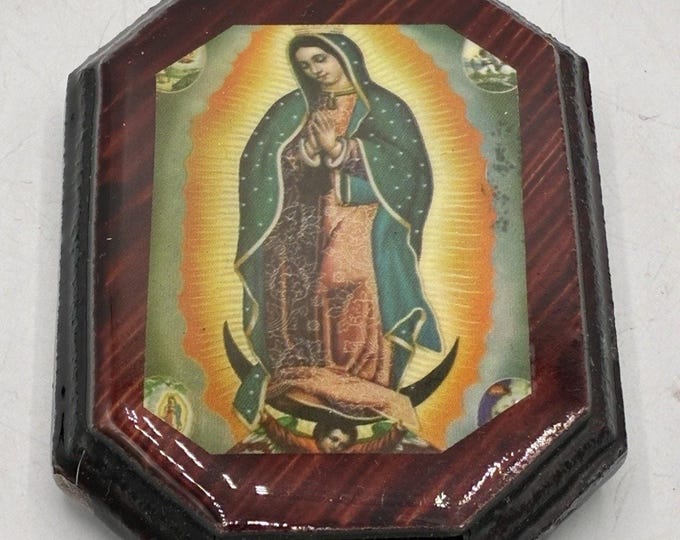 Vintage Our Lady Guadalupe Wood Plaque Octagonal Hecho en Mexico Devotional