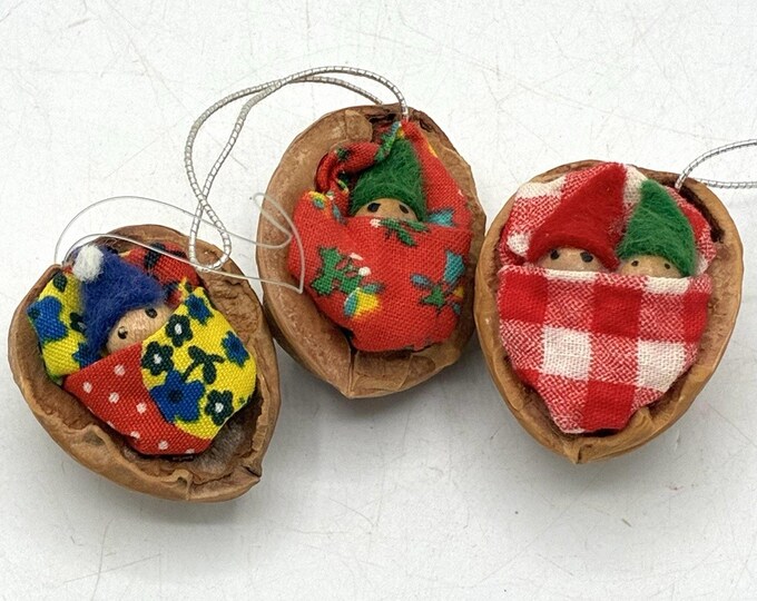 Lot 3 Vintage Walnut Shell Elf Gnome Baby Ornaments Folk Art Handmade