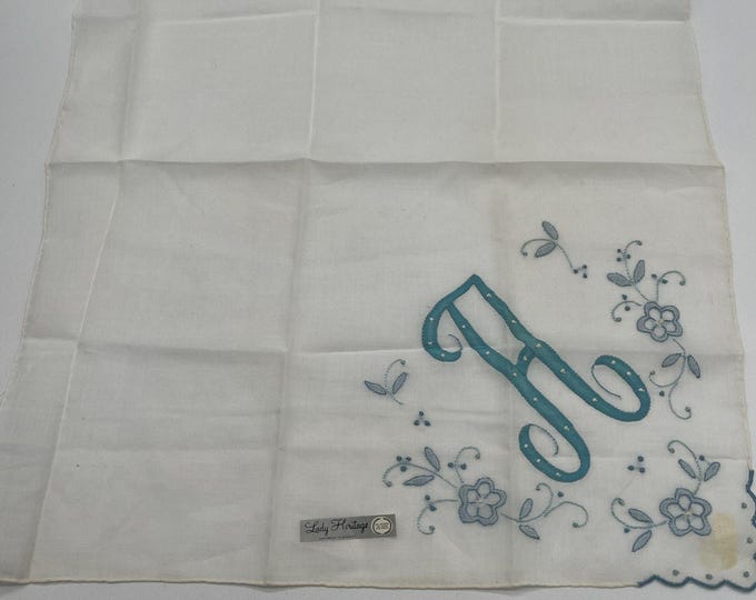 Vintage Lady Heritage Linen Handkerchief Monogram A Blue Floral Embroidery White