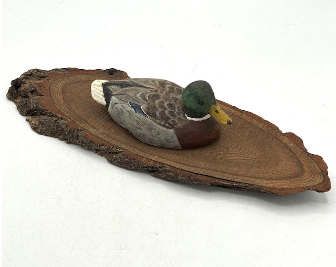 Vintage Mallard Duck Figure on Natural Wood Slab Rustic Cabin Lodge Decor