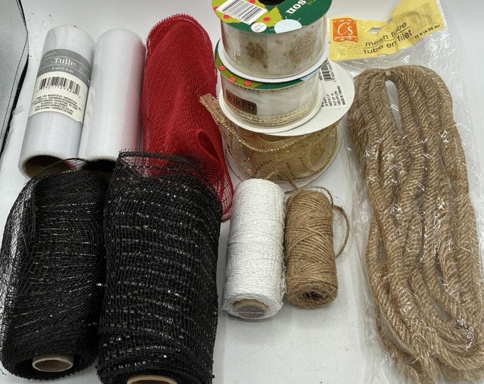 Craft Supply Lot Tulle Mesh Ribbon Jute Twine Holiday Decor Assortment