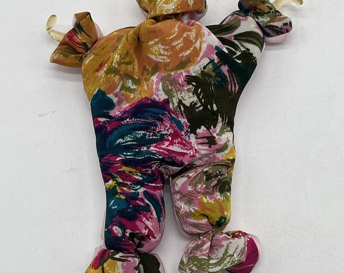 Vintage Handmade Folk Art Cloth Doll • Whimsical Fabric Figurine with Glass Head • Colorful 1980s Art Doll 7.5"
