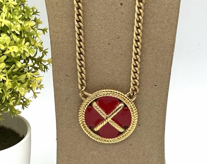 Vintage Napier Gold Tone Red Enamel Medallion Necklace Chunky 22” Signed