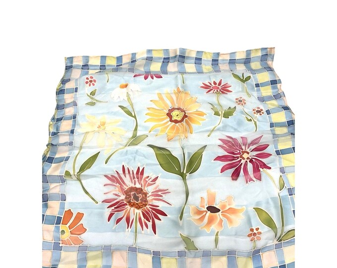 Vintage 100% Silk Scarf Watercolor Daisies Sunflowers Blue Mosaic Border