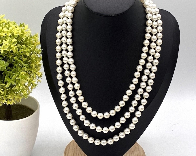 Vintage Japan Triple Strand Faux Pearl Necklace 18” Rhinestone Clasp Knotted