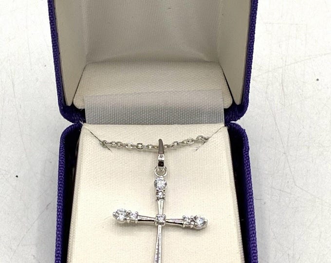 Cubic Zirconia Cross Pendant Necklace Silver Tone 18” Sparkling CZ 1.5”