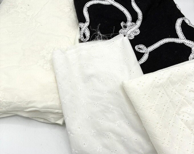 Vintage Fabric Lot 4 Pieces Eyelet Cotton Black Soutache Trim White Floral