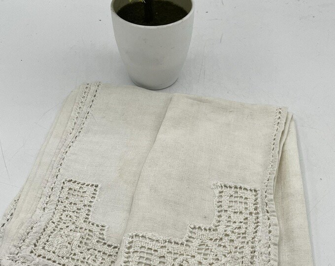 Vintage Linen Napkins Crochet Filet Lace Trim White Set of 2 Antique