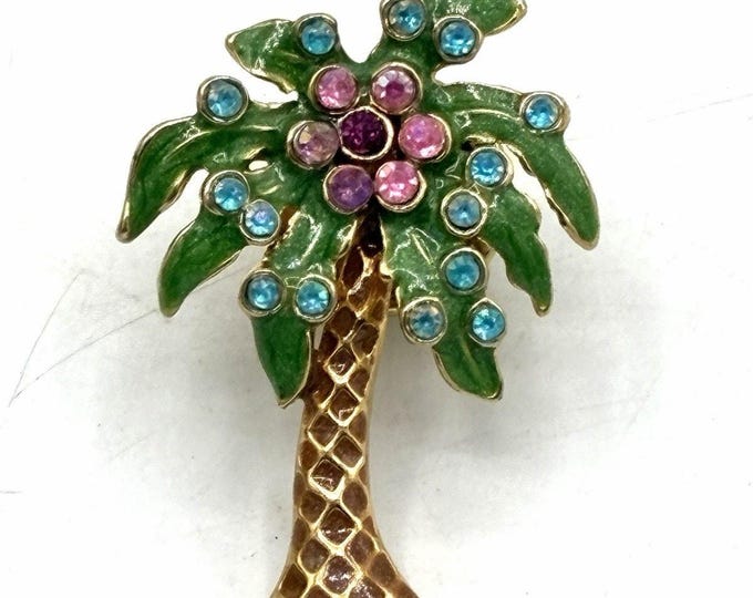 Nina Ricci Vintage Enamel Palm Tree Brooch Rhinestone Pin 1.25”