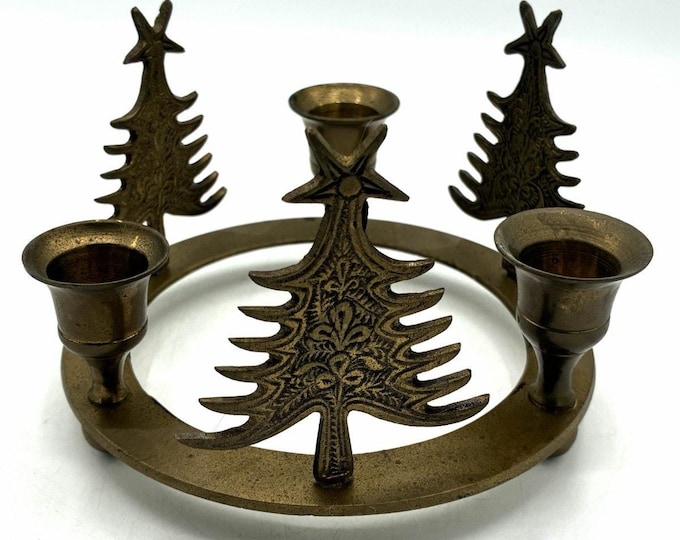 Vintage Brass Christmas Tree Candle Ring – 3 Taper Holder India Holiday Decor