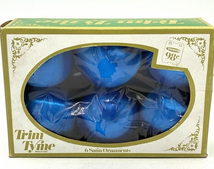 Vintage Trim Tyme Satin Blue Christmas Ornaments, likely 1970s, original box