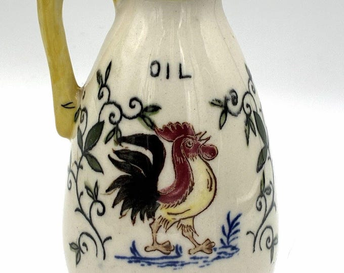 Vintage Hand Painted Japan Oil Cruet Pitcher Rooster Rose Yellow Luster 50s