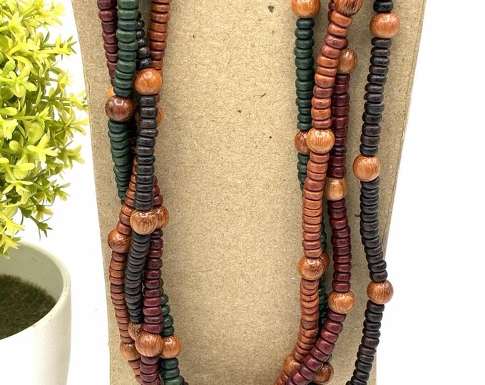 Vintage Wood Bead Necklace 28” Multi Strand Green Burgundy Brown Boho