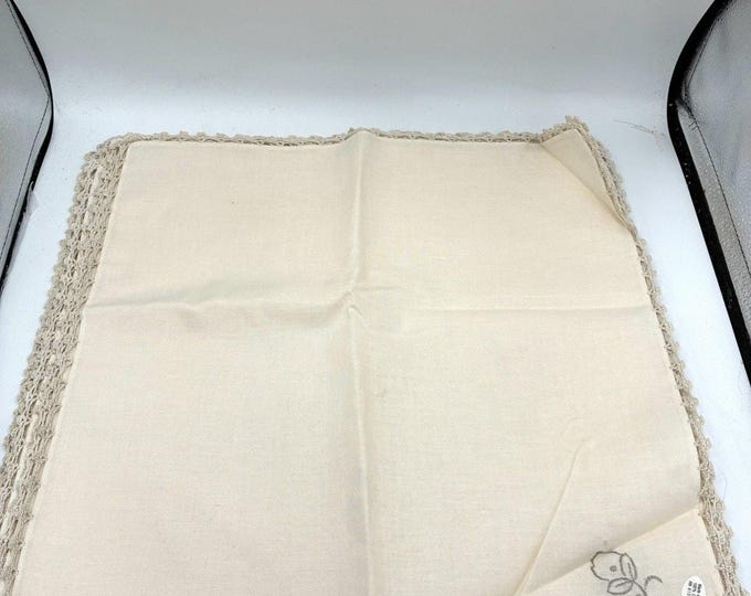 Vintage Linen Napkins Set 8 16” Crochet Lace Trim Embroidered Floral Ivory