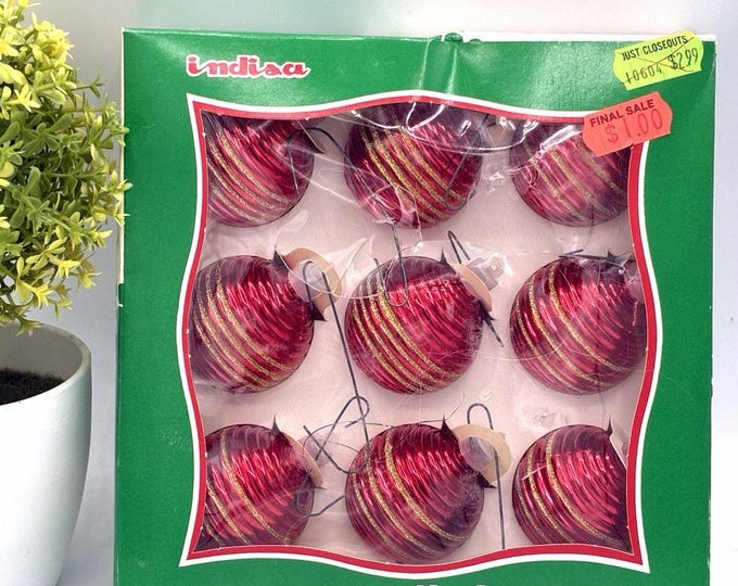 Indisa Christmas Ornaments – Set of 9 Red Gold Striped Vintage El Salvador Boxed