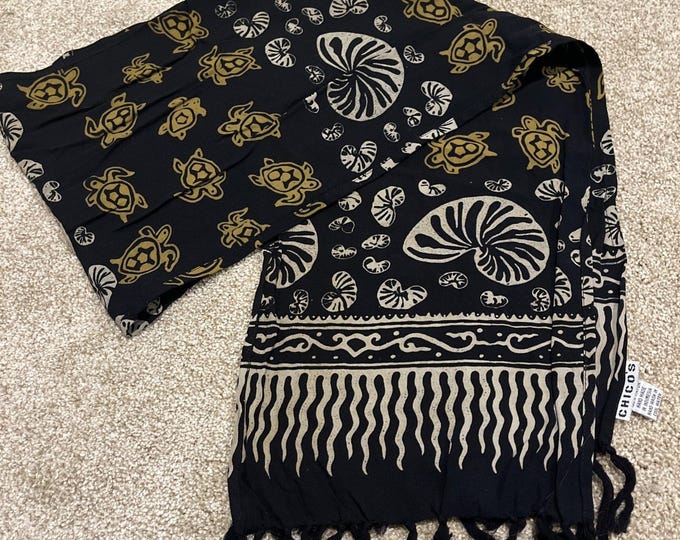 Chico’s Black Turtle Seashell Beach Scarf Rayon Fringe 60” Unisex