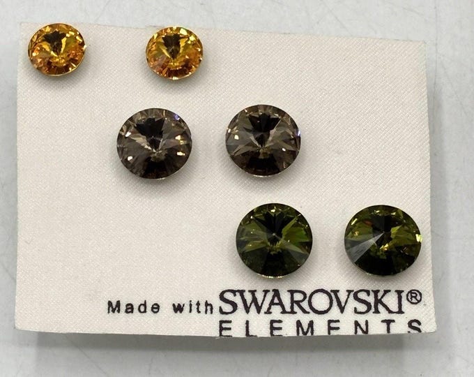 Made With Swarovski Elements Crystal Stud Earrings 3 Pair Green Amber Smoke