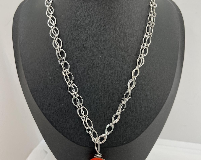 Red Glass Bead Pendant Necklace Silver Tone Chunky Chain Wire Wrapped