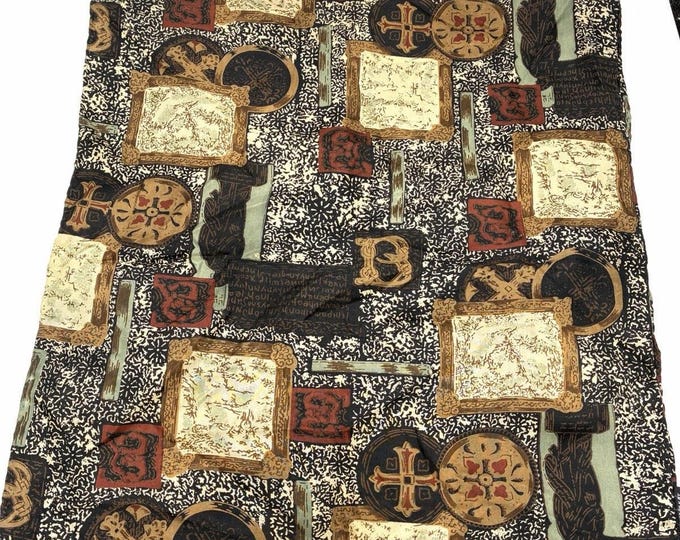 37 West Silk Scarf 14x65 Vintage Style Art Medallion Scroll Print Black