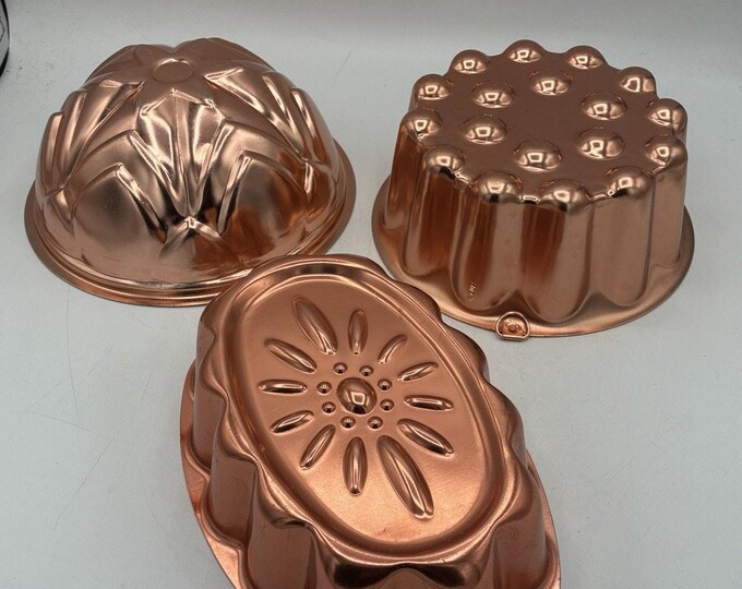 Vintage Copper Tone Jell‑O Molds — Lot of 3 (1 Mirro) Mid Century Aluminum Kitchen Decor