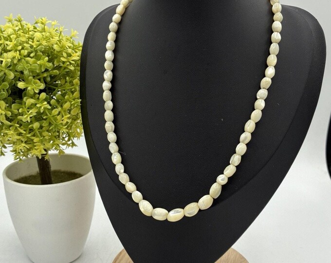 Vintage Genuine Mother of Pearl Rice Bead Hand Knotted Necklace 15 inch Gold