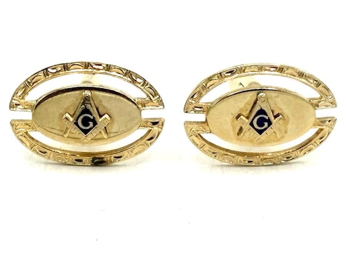 Anson Signed Masonic Cufflinks Gold Tone Square Compass Blue Enamel Pair