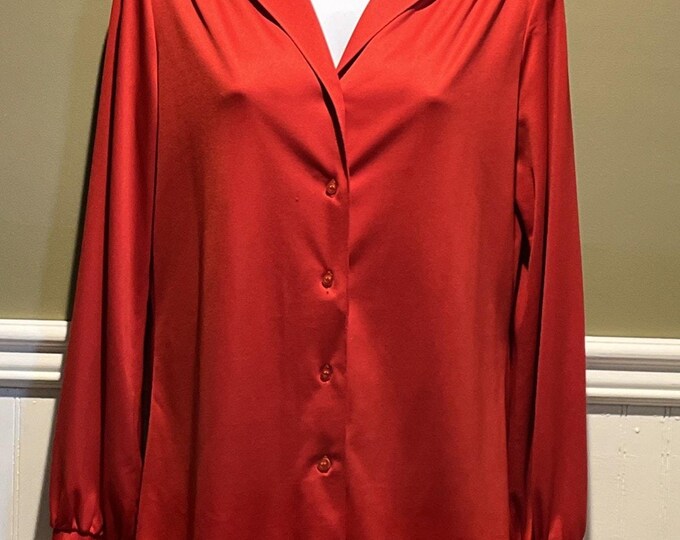 Vintage Joyce Red Button Blouse 70s 80s Mod GoGo Long Sleeve Top S/M