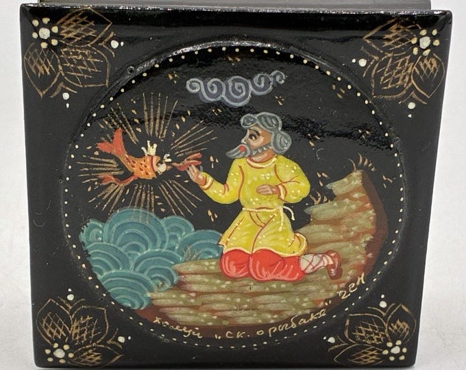 Russian Lacquer Box Kholuy Fisherman Fish Pushkin Fairy Tale Hand Painted