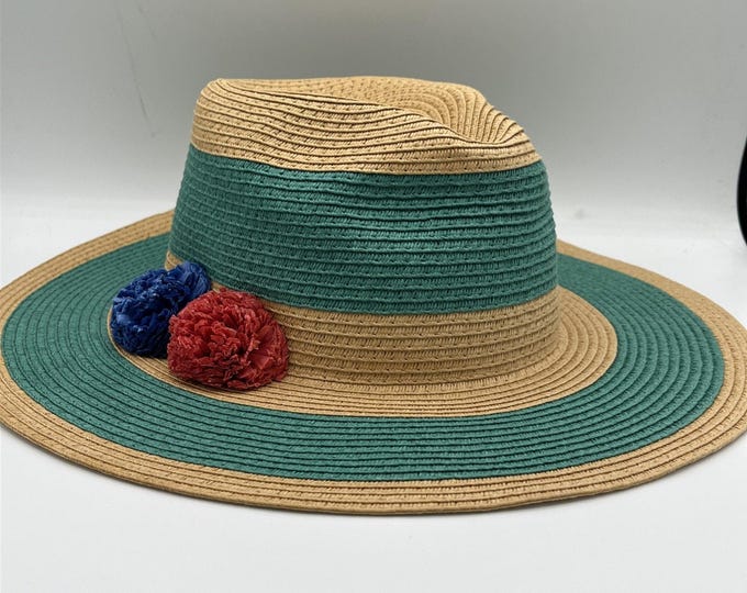 teal and tan color block stripe sun hat with a red and blue Paper Flower accent