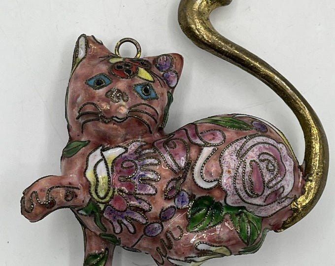 Cat Figurine Cloisonné Pink Flowers Embossed Ornament 3”long