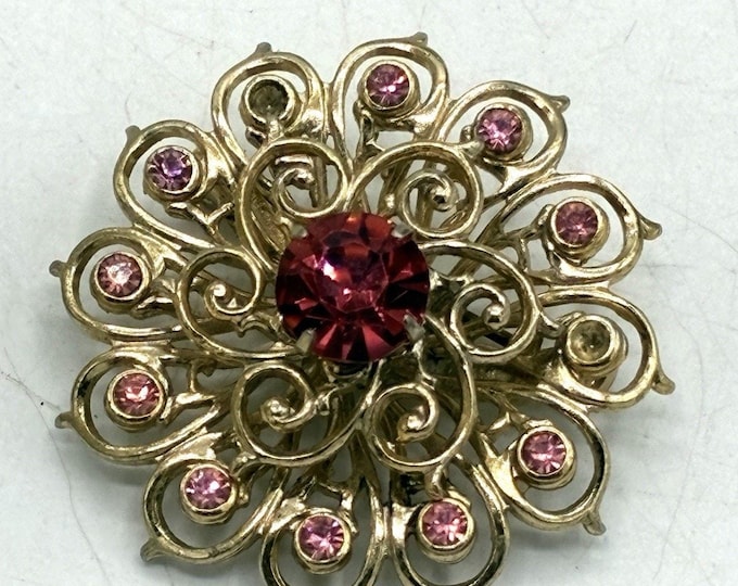 Vintage Coro Pink Rhinestone Floral Brooch Gold Tone Mid Century 1950s Signed