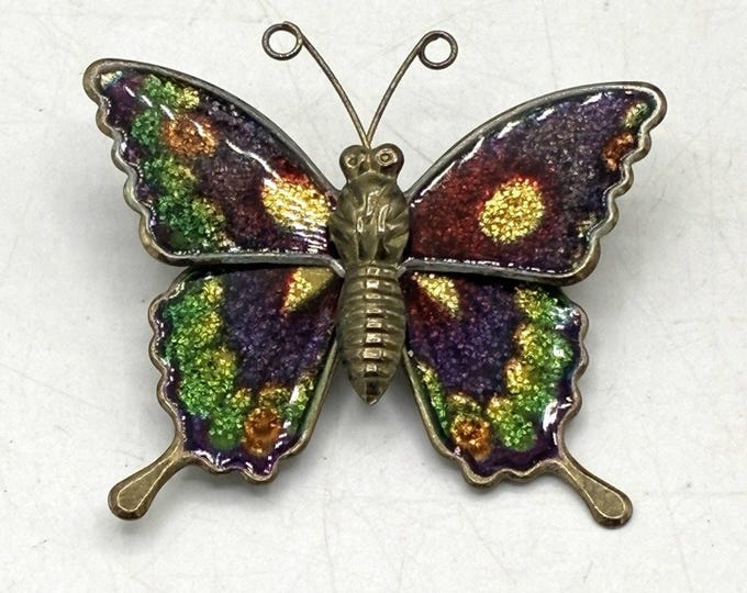 Vintage Enamel Butterfly Brooch Purple Green Gold Glitter Wings Brass 1.75”