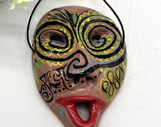 Vintage Hand‑Painted Terra Cotta Folk Art Mask Mexican‑Style Wall Hanging Decor