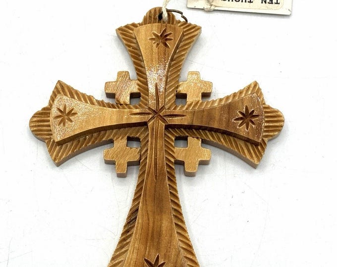 Ten Thousand Villages Olive Wood Jerusalem Cross West Bank Hand Carved 4”