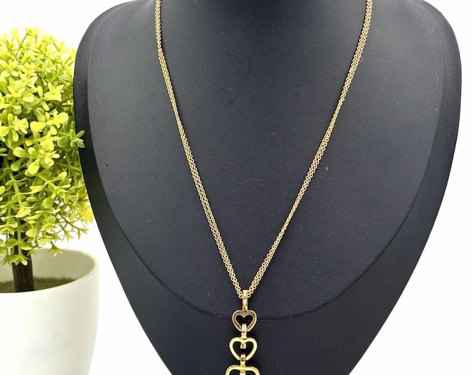 Vintage Avon Triple Cascading Heart Pendant Necklace Gold Tone Double Chain 16”