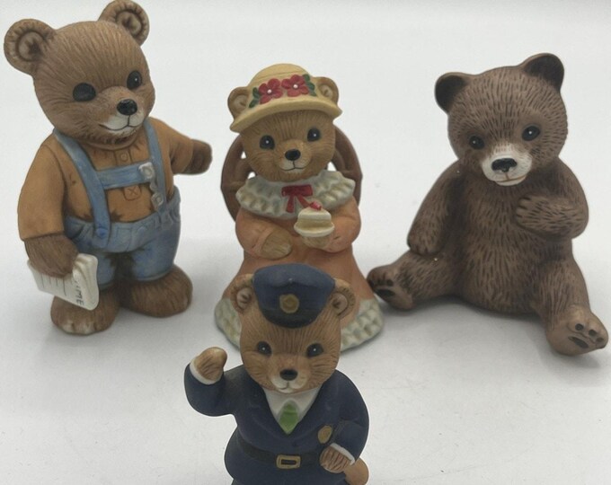 Vintage Homco Home Interiors Teddy Bear Figurine Set 4 Tea Time Police