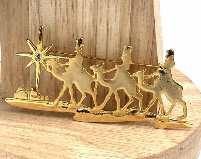 Vintage AJC Three Wise Men Brooch Gold Tone Camels Rhinestone Star Christmas