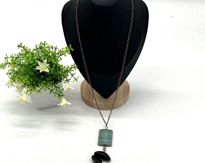 Vintage Artisan Boho Necklace Teal Green Stone Dark Wood Oval Beads Mesh Chain