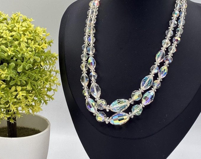 Vintage Double Strand AB Crystal Bead Necklace Aurora Borealis Rhinestone Clasp