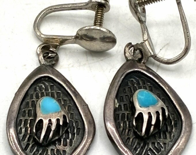 Vintage Bear Paw Turquoise Screw Back Earrings Oxidized Silver Tone Southwestern