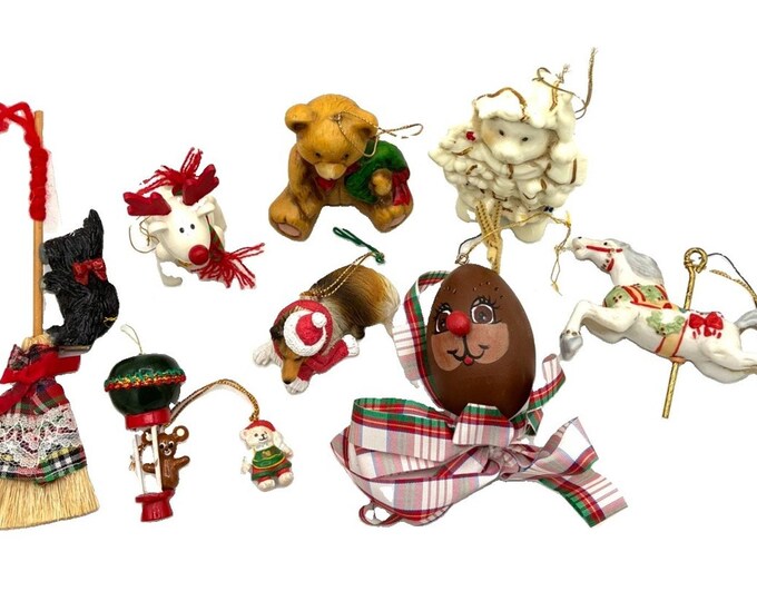 Vintage Christmas Animal Ornament Lot 9pc Reindeer Bear Dog Horse Ceramic