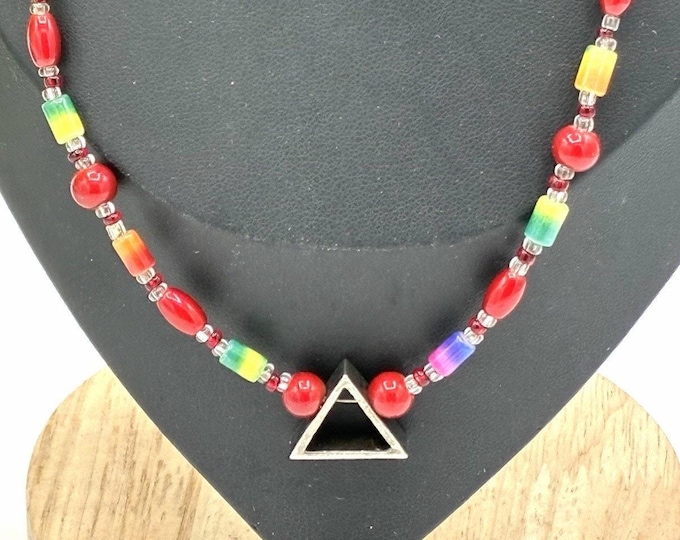 Red Multicolor Beaded Necklace 18” Geometric Triangle Pendant Artisan Style